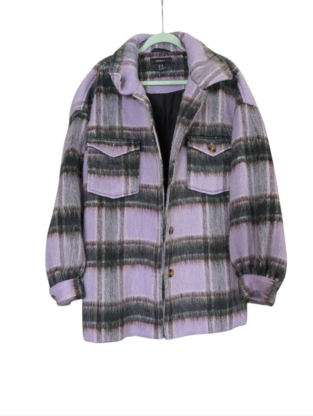 Forever 21+ Purple Plaid Brushed Shacket Jacket | Oversized Button Front | 2X - Picture 2 of 10